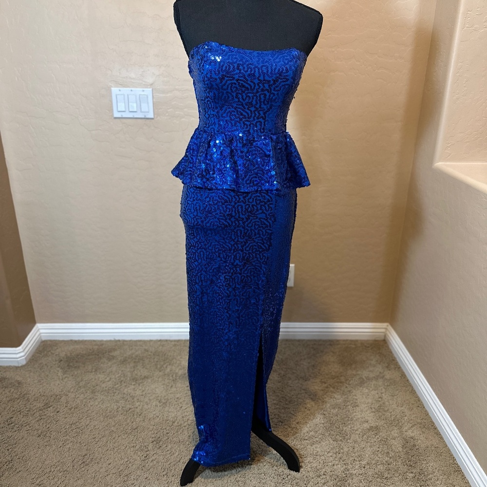 Sapphire Doll Womens Long Blue Sequin Ruffle Waist Dress Back Zip Split Hem Sz 5
